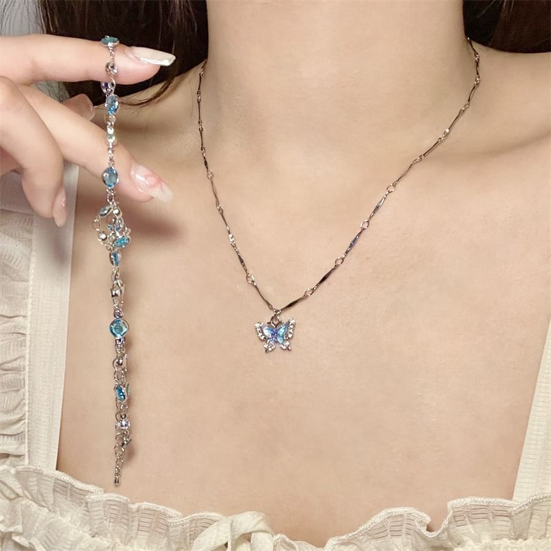 Necklace Crystal Butterfly Choker + Pendant Faux Alloy Set: