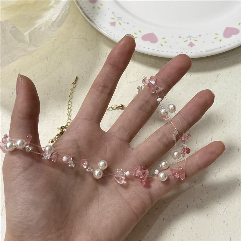 Faux Choker Crystal Pearl Layered