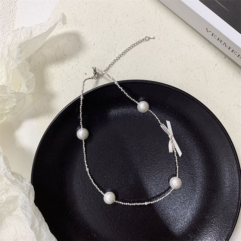 Faux Choker Alloy Pearl Ribbon