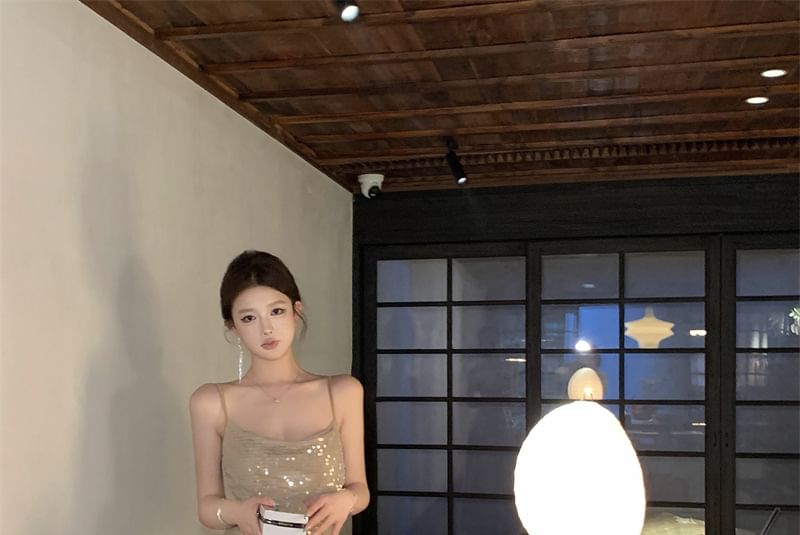 Sequin Maxi Spaghetti Strap Dress A-Line