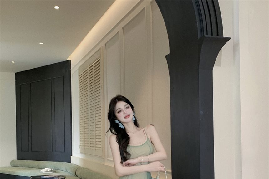 Strap Neck Scoop A-Line Spaghetti Sheer Dress Maxi