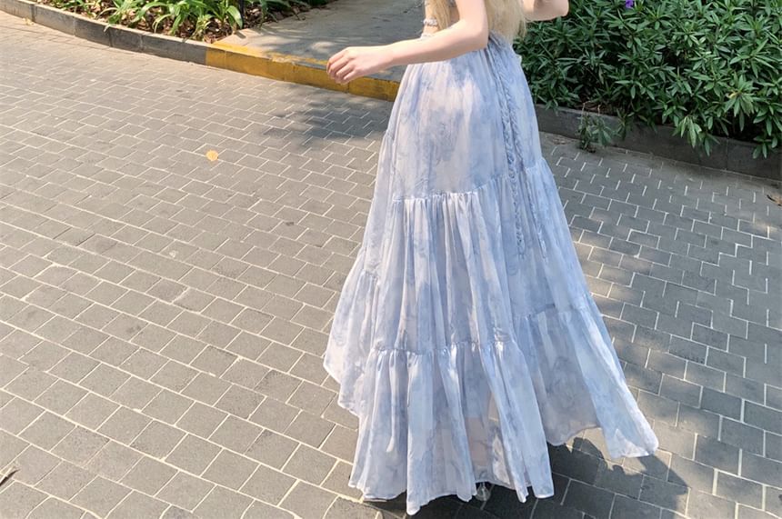 Maxi Neck Dress Cutout Dye Strap Spaghetti Tie Halter A-Line