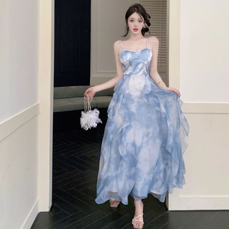 Spaghetti Tie Hem Ruffle Sun Chiffon Dress Dye Strap Maxi