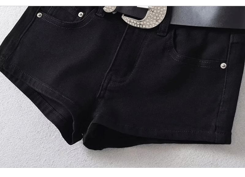 Set: High Waist Denim Shorts + Rhinestone Belt