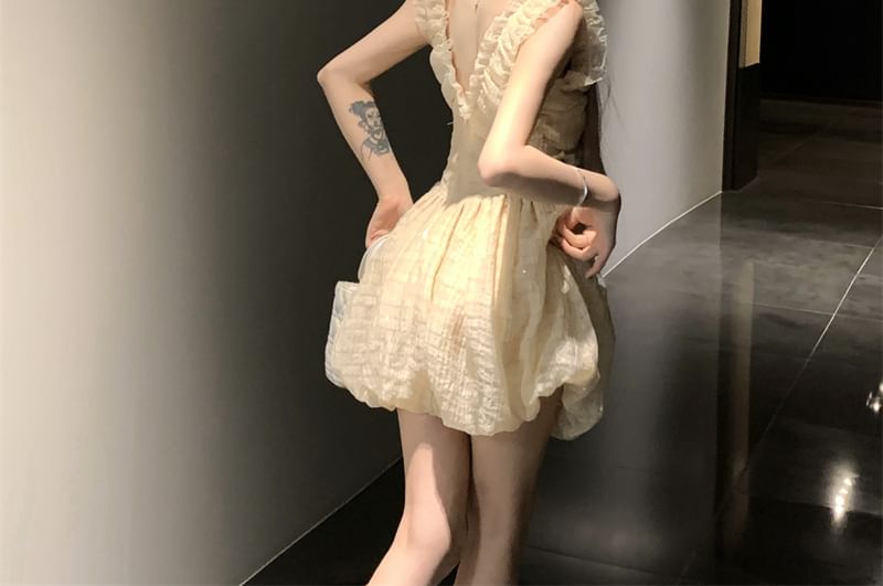 Sleeveless Plain Ruffle Mini A-Line Dress