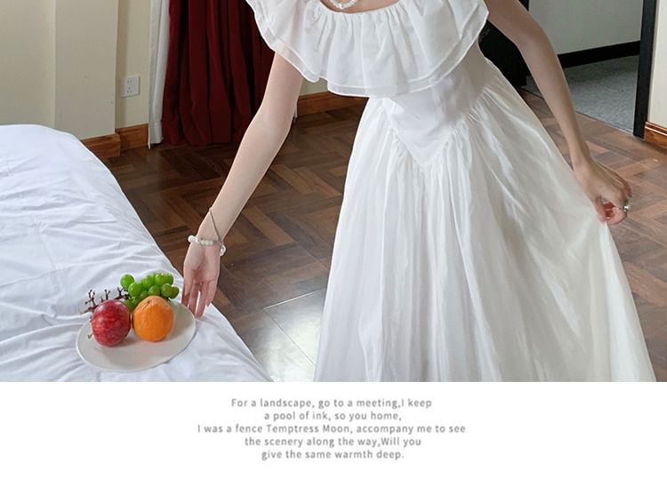 Dress A-Line Maxi Off-Shoulder Ruched Plain Short-Sleeve Ruffle Trim