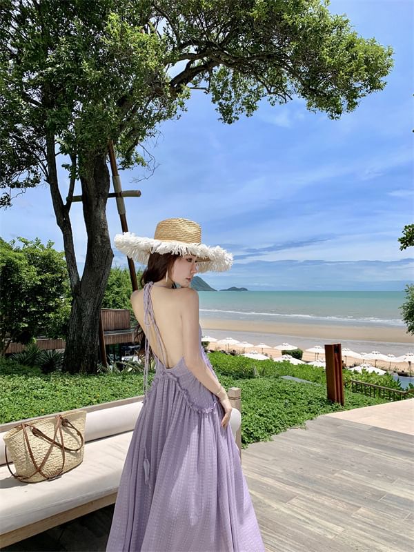 Halter Trim Maxi V-Neck Frill Open Dress Plain A-Line Back