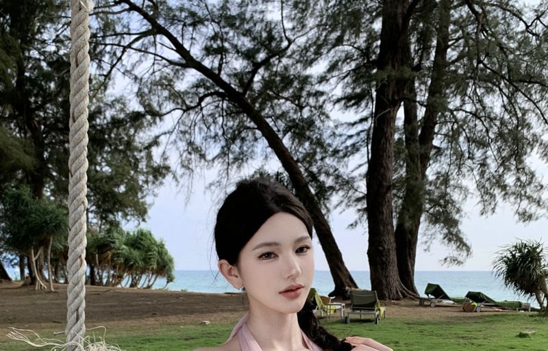 Open Back Plain Top Halter Set: Asymmetrical Layered Ruffle A-Line Skirt Rise + High V-Neck