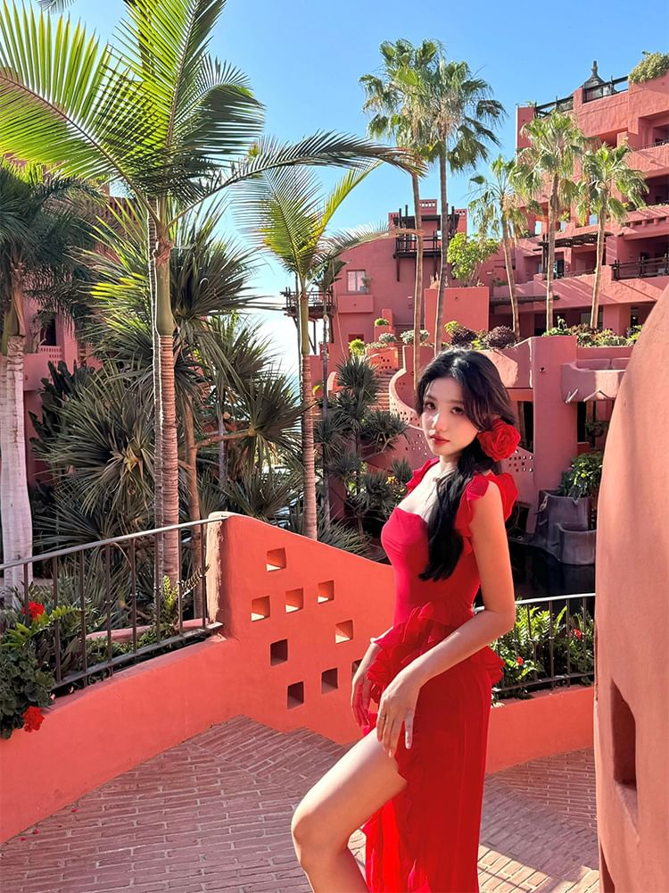 Open Ruffle Slit Back Dress Square Bodycon Plain Maxi Sleeveless Neck Trim