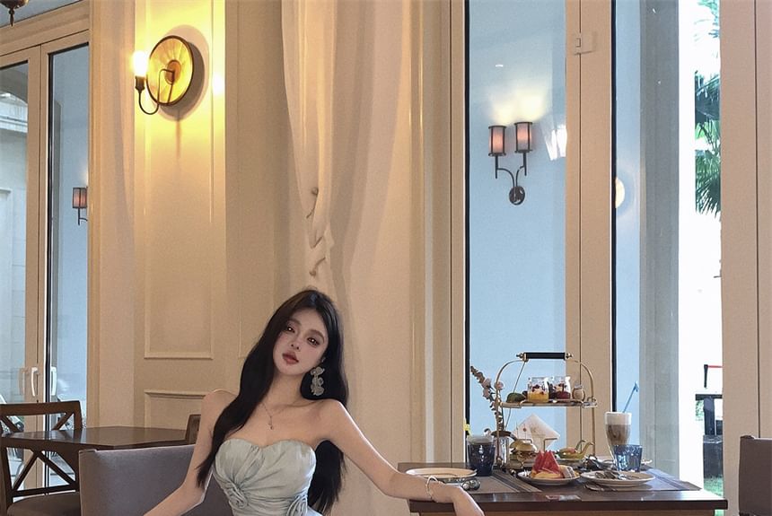 Plain Dress Strapless Maxi Side-Slit A-Line