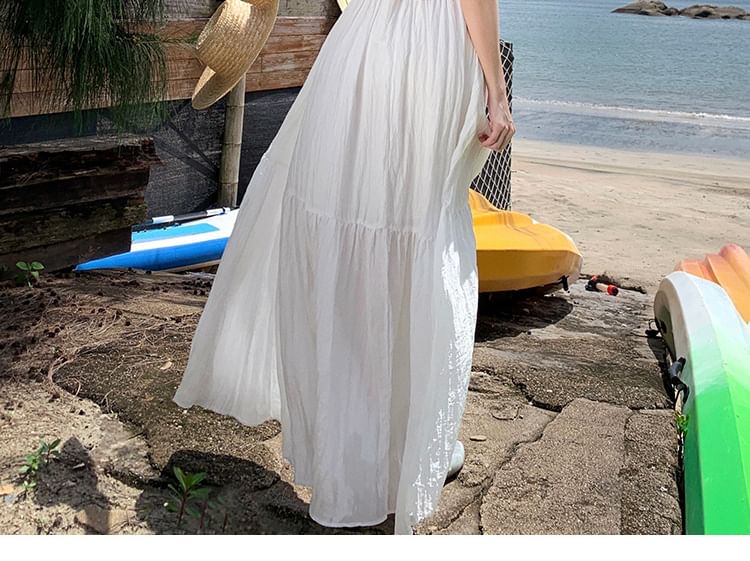 Open Back Dress Maxi Lace Sleeveless A-Line Trim Plain