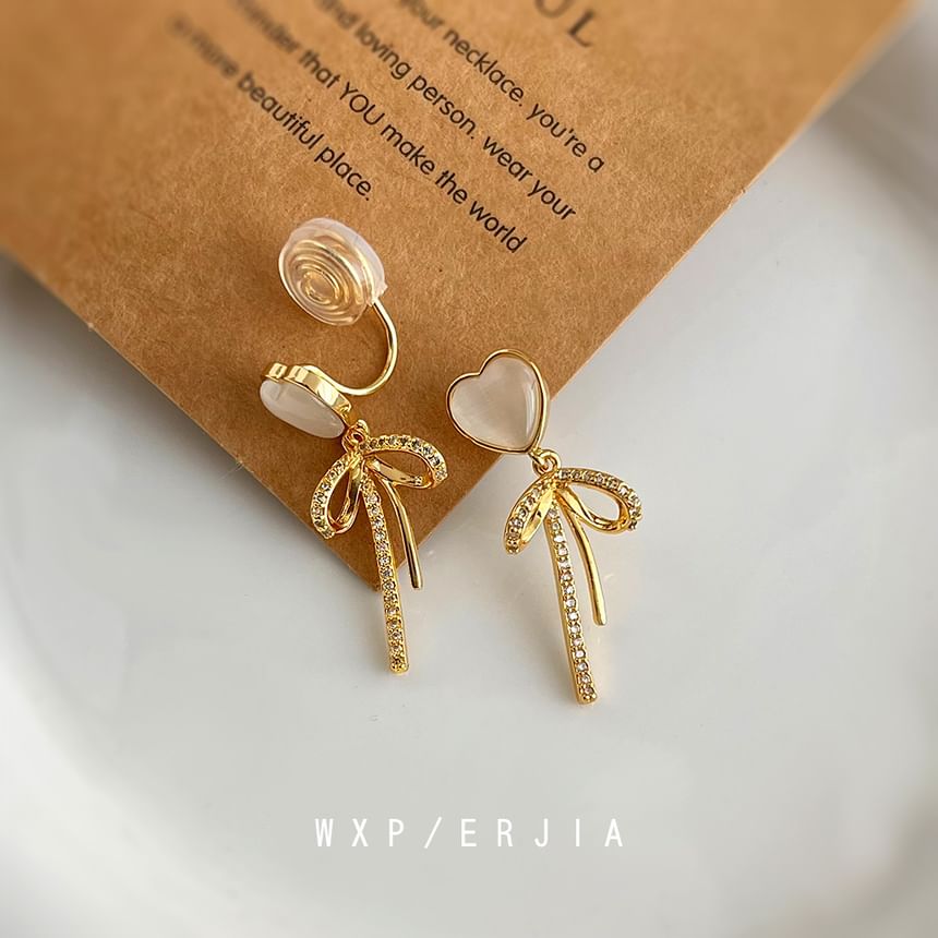 Heart Clip Drop On Earring Bow Rhinestone