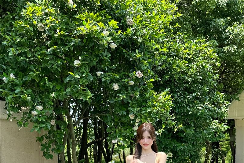 A-Line Plain Slit Spaghetti Strap Dress Maxi Cutout Ruffle