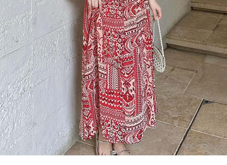 Slit A-Line Long-Sleeve Patterned Dress Maxi Print V-Neck