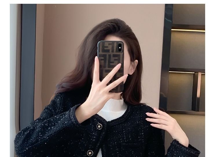 Round Neck Tweed Cropped Button Jacket