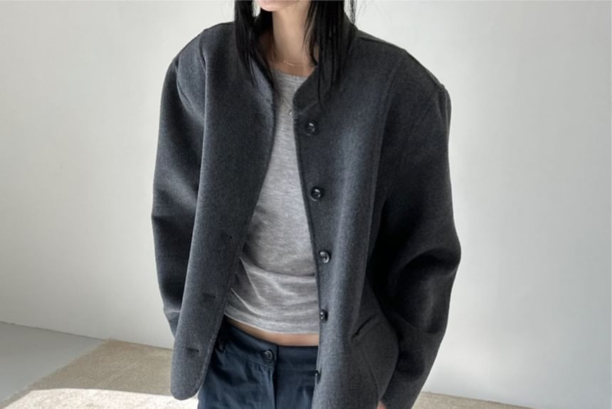 Plain Button-Up Woolen Jacket