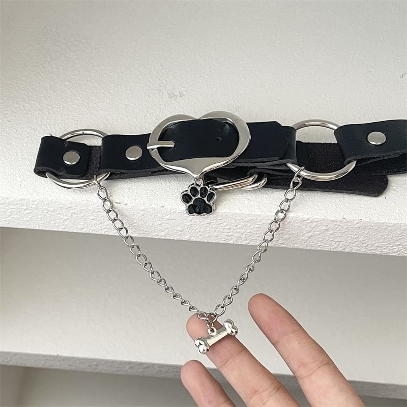 Leather Heart Buckle Paw Choker Faux