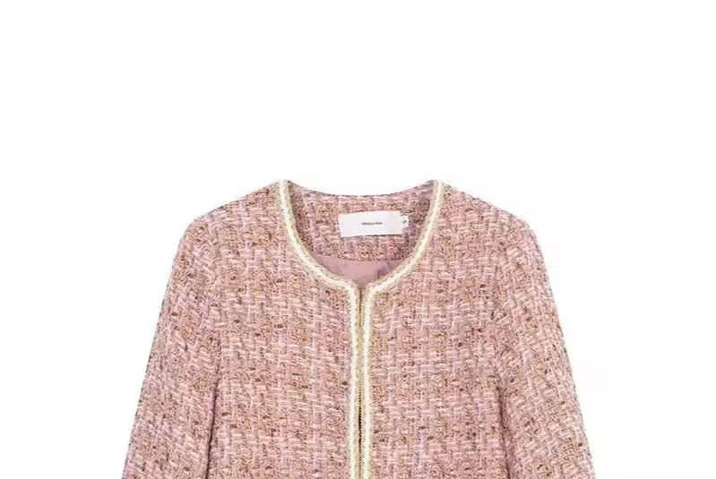 Crew Neck Contrast Trim Open Front Tweed Crop Jacket