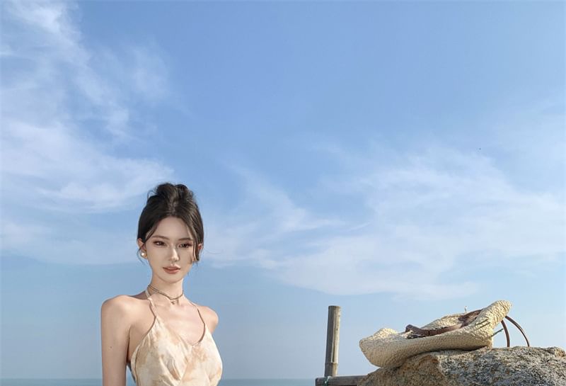 Dress Open A-Line Back Maxi Trim Floral Halter Ruffle