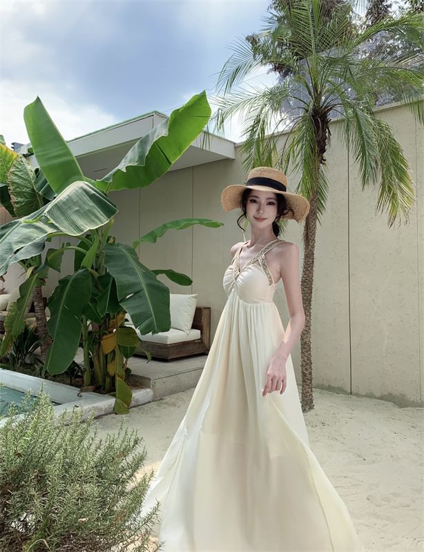 V-Neck Sleeveless Dress A-Line Maxi Slit Cutout