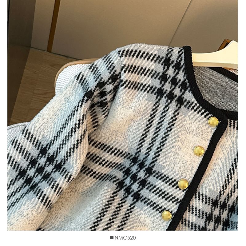 Plaid Round-Neck Wool Jacket