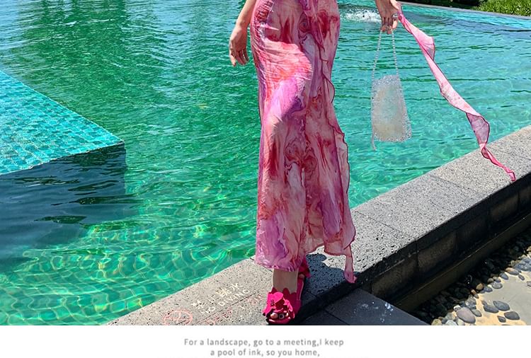 Midi Trim Tie Strap Sundress Accent Ruffle Dye Flower Spaghetti A-Line