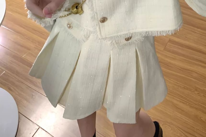 Set: Fringed Tweed Cropped Button Jacket + High Waist Pleated Mini A-Line Skirt