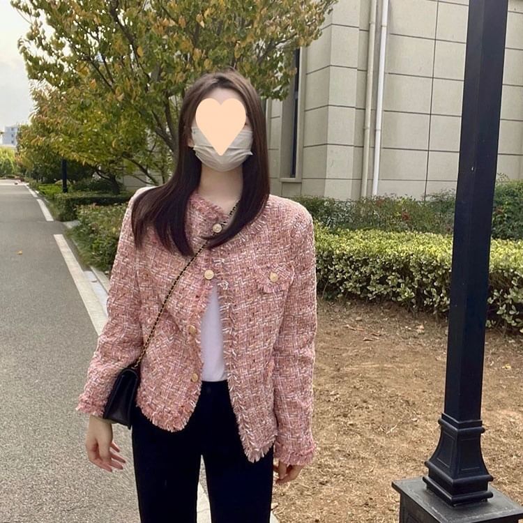 Round Neck Fray Tweed Button Jacket