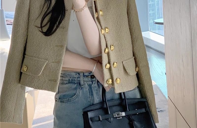 Long Sleeve Round Neck Button Up Cropped Tweed Jacket