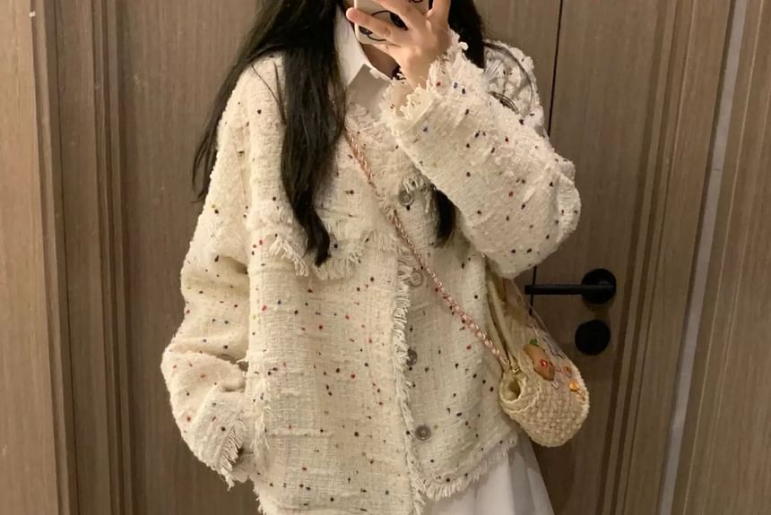Long Sleeve Melange Tweed Tassel Jacket