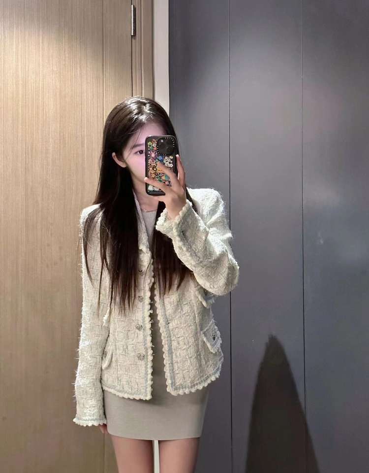 Long Sleeve Contrast Trim Button Up Tweed Jacket