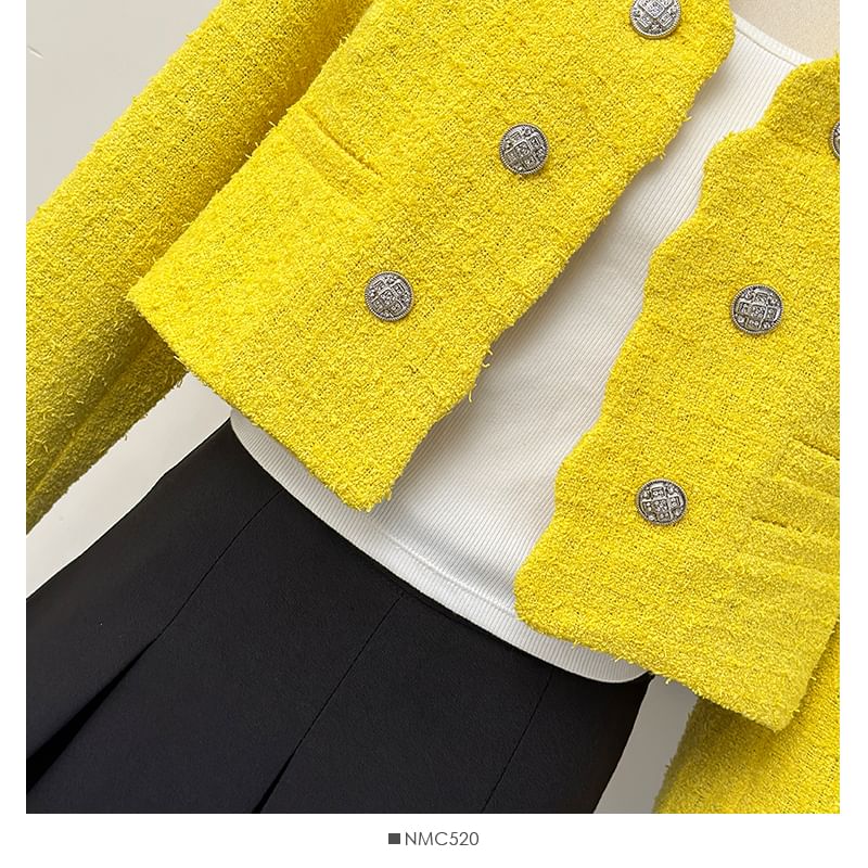 Cropped V-Neck Tweed Blazer