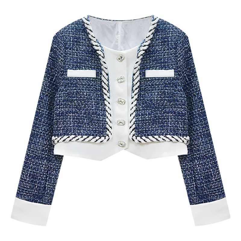 Square Neck Panel Tweed Rhinestone Button Jacket