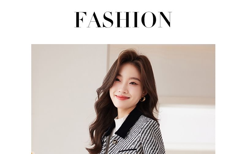 Collared Striped Button Cropped Tweed Jacket