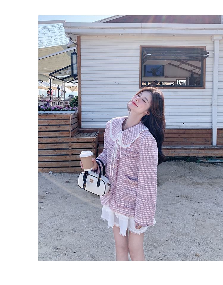 Collared Fray Tweed Button Jacket