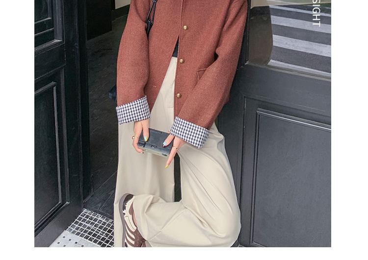 Round Neck Plain Button Jacket