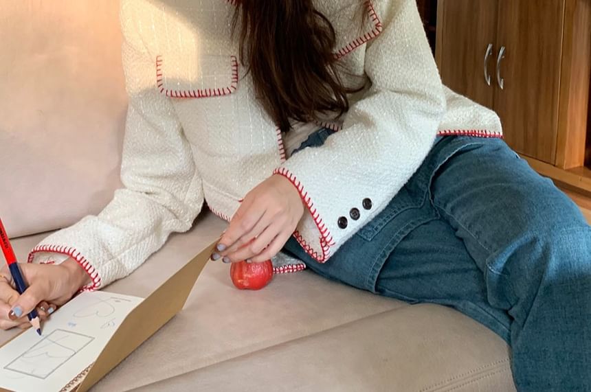 Crew Neck Contrast Stitched Button-Up Tweed Crop Jacket