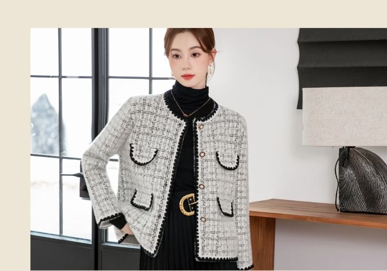 U-Neck Plaid Tweed Button-Up Jacket