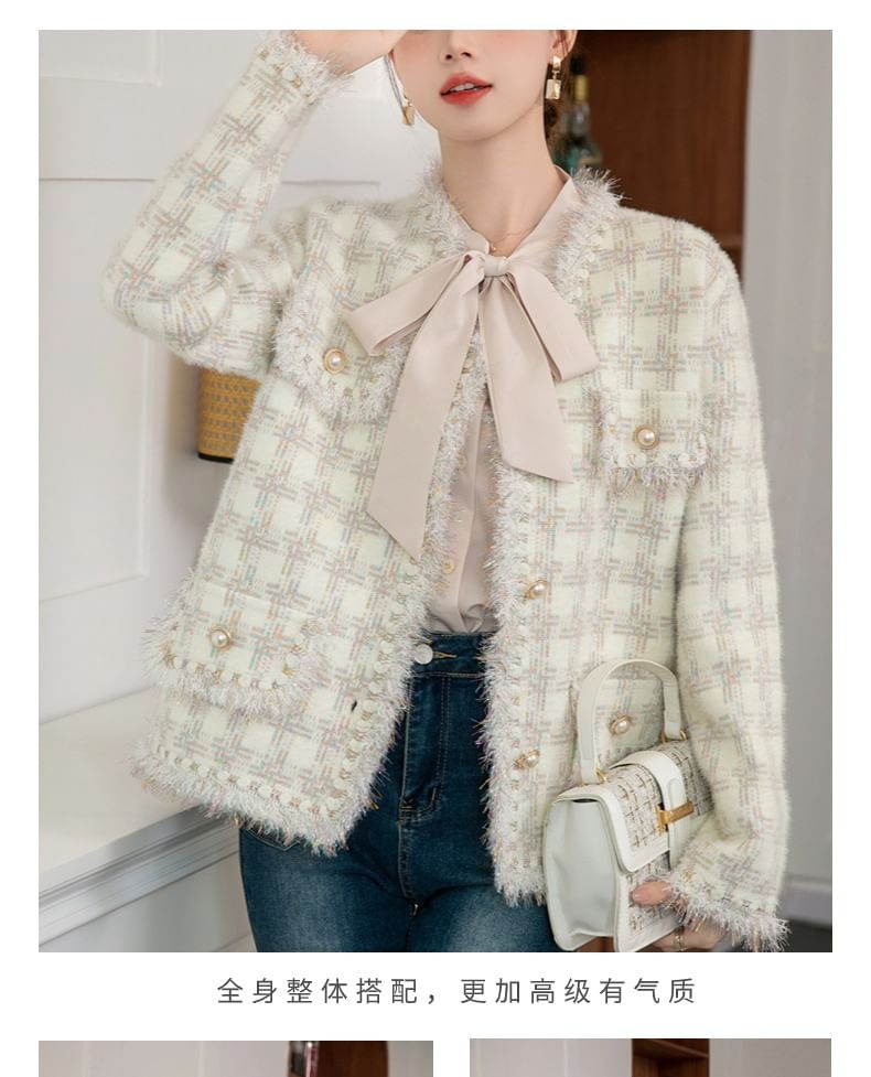 Tweed Plaid Button-Up Jacket