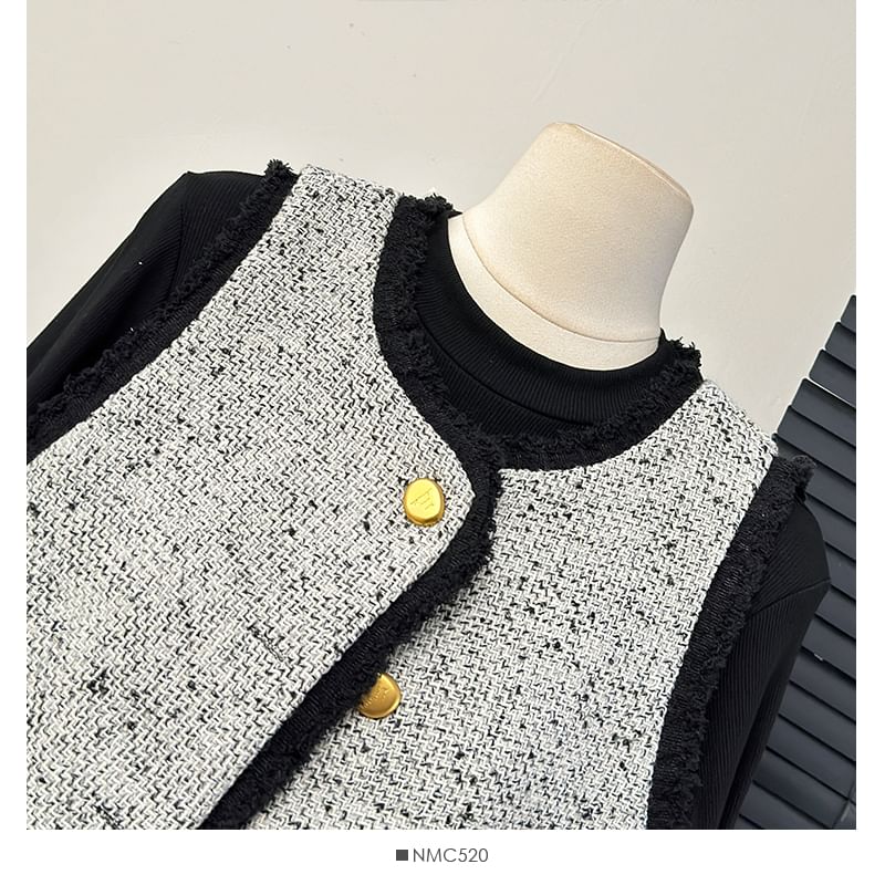 Frayed Tweed Vest / Pleated A-Line Dress