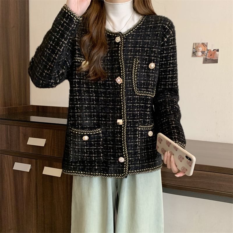 V-Neck Tweed Button-Up Jacket