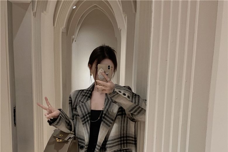 Plaid Double-Breasted Lapel Woolen Coat