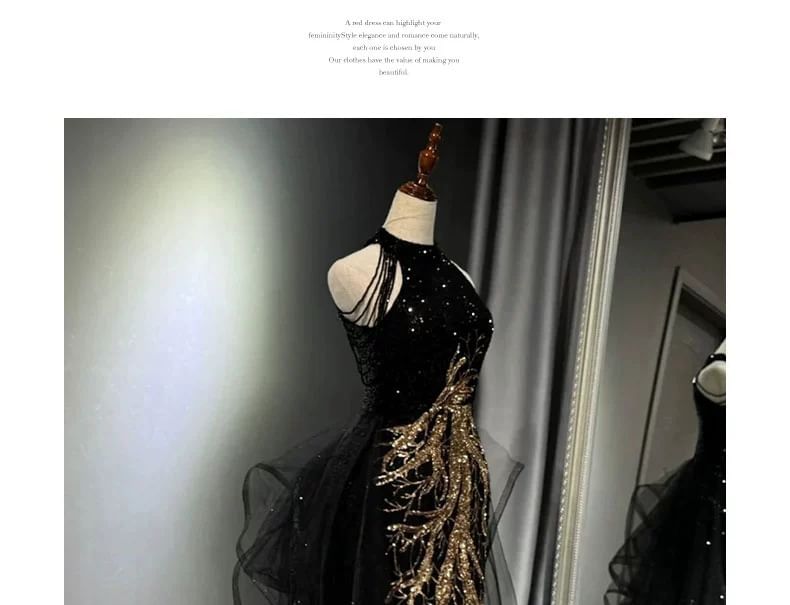 Neck Embroidered Sequined Gown Sleeveless Evening Halter Maxi