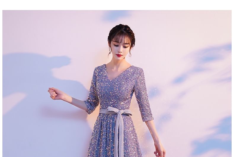 Sequin Elbow-Sleeve V-Neck A-Line Gown Evening