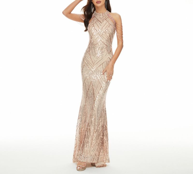 Evening Halter Strappy Mermaid Gown Beaded Sequin