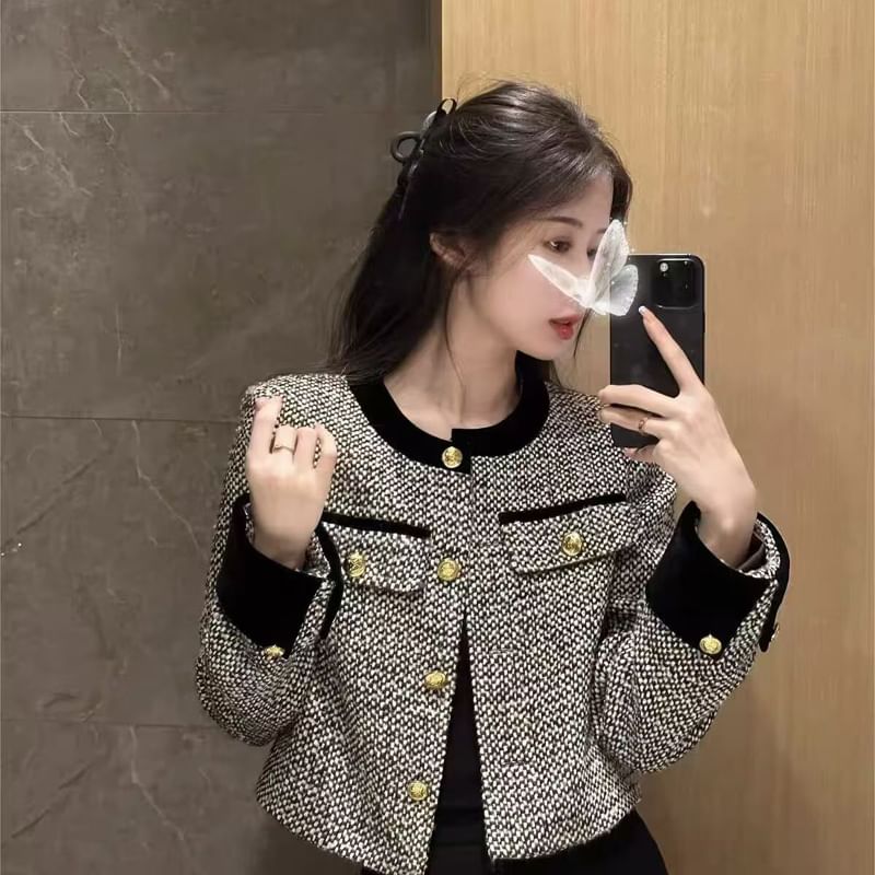 Crew Neck Contrast Trim Button-Up Tweed Crop Jacket