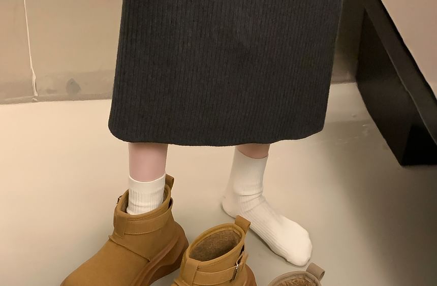 Buckled Fleece-Lined Platform Short Snow Boots