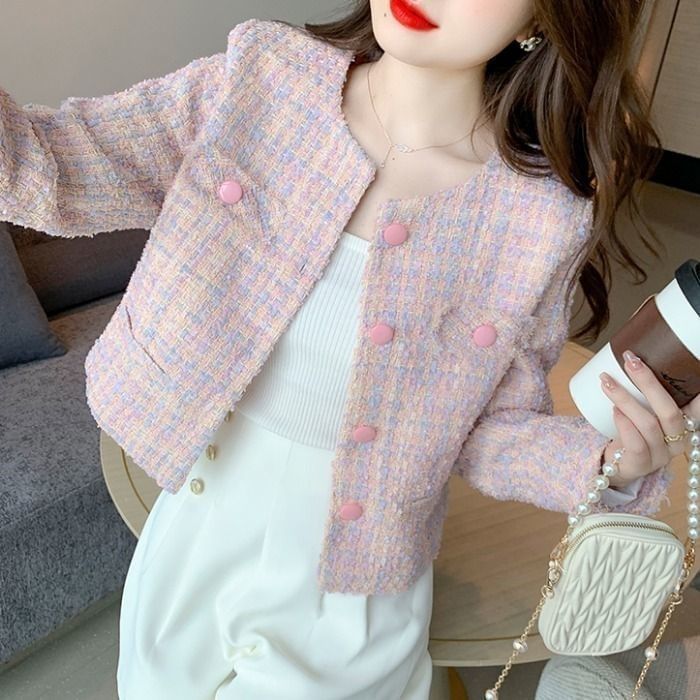 Round Neck Fray Tweed Button Jacket