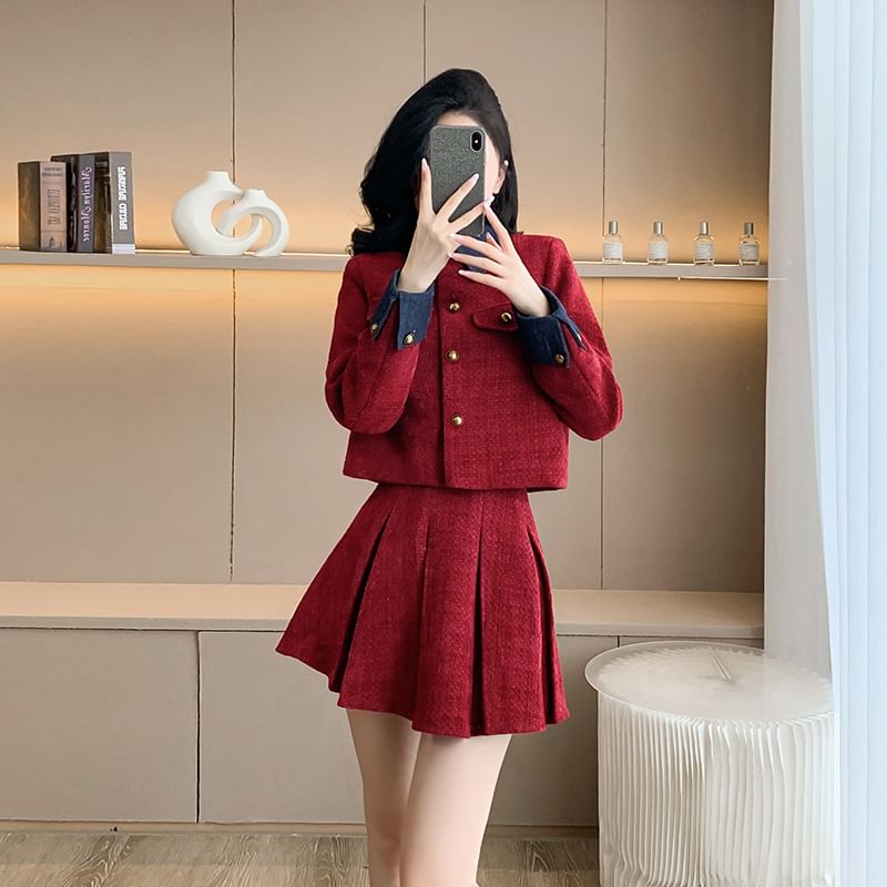 Collar Denim Panel Tweed Button Jacket / Long-Sleeve Plain Knit Top / High Waist Pleated Mini A-Line Skirt / Set
