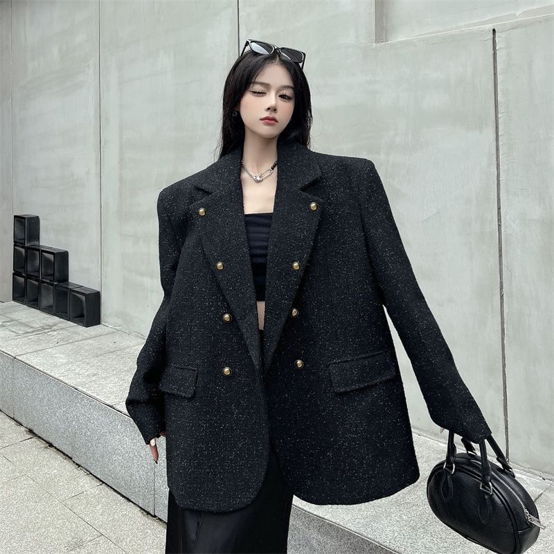 Double Breasted Lapel Collar Tweed Blazer